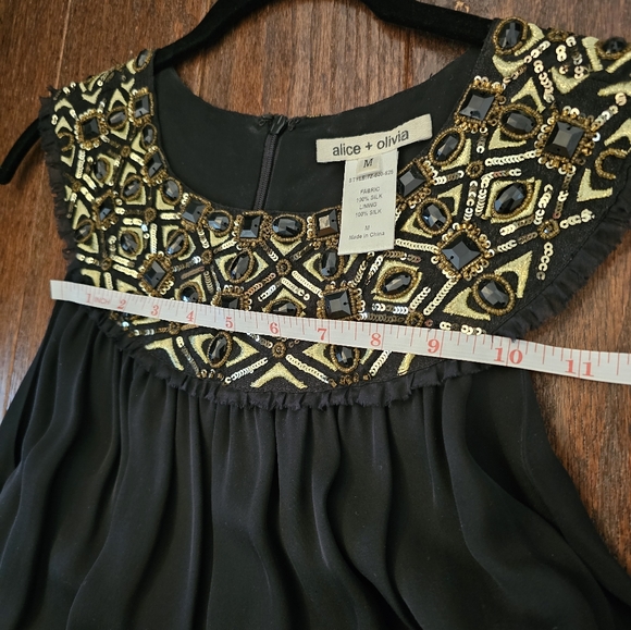 NWOT Alice + Olivia Black Embellished Neck Detail Sleeveless Silk Trapeze Dress - Picture 7 of 8